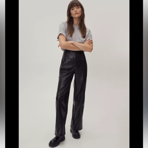 ZARA HIGH WAISTED LEATHER STRAIGHT LEG TROUSERS FLAT FRONT STYLE SIDE POCKETS - Picture 1 of 12